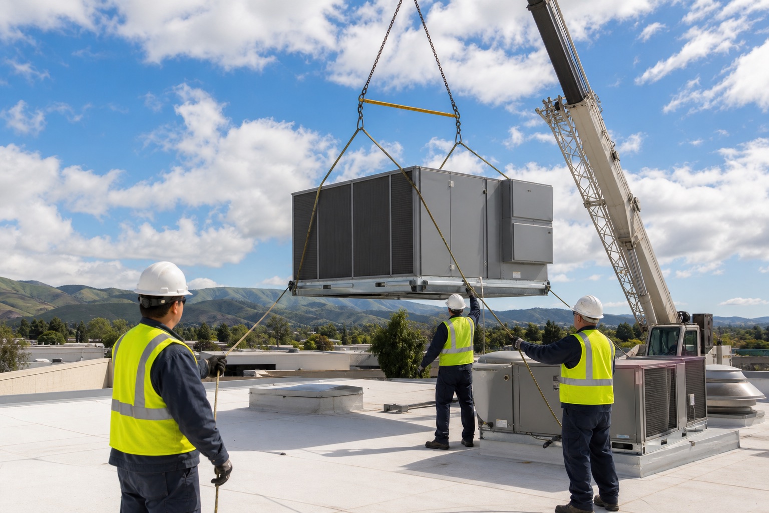 Crane setting a commercial rooftop HVAC package unit on an East Bay California commercial building