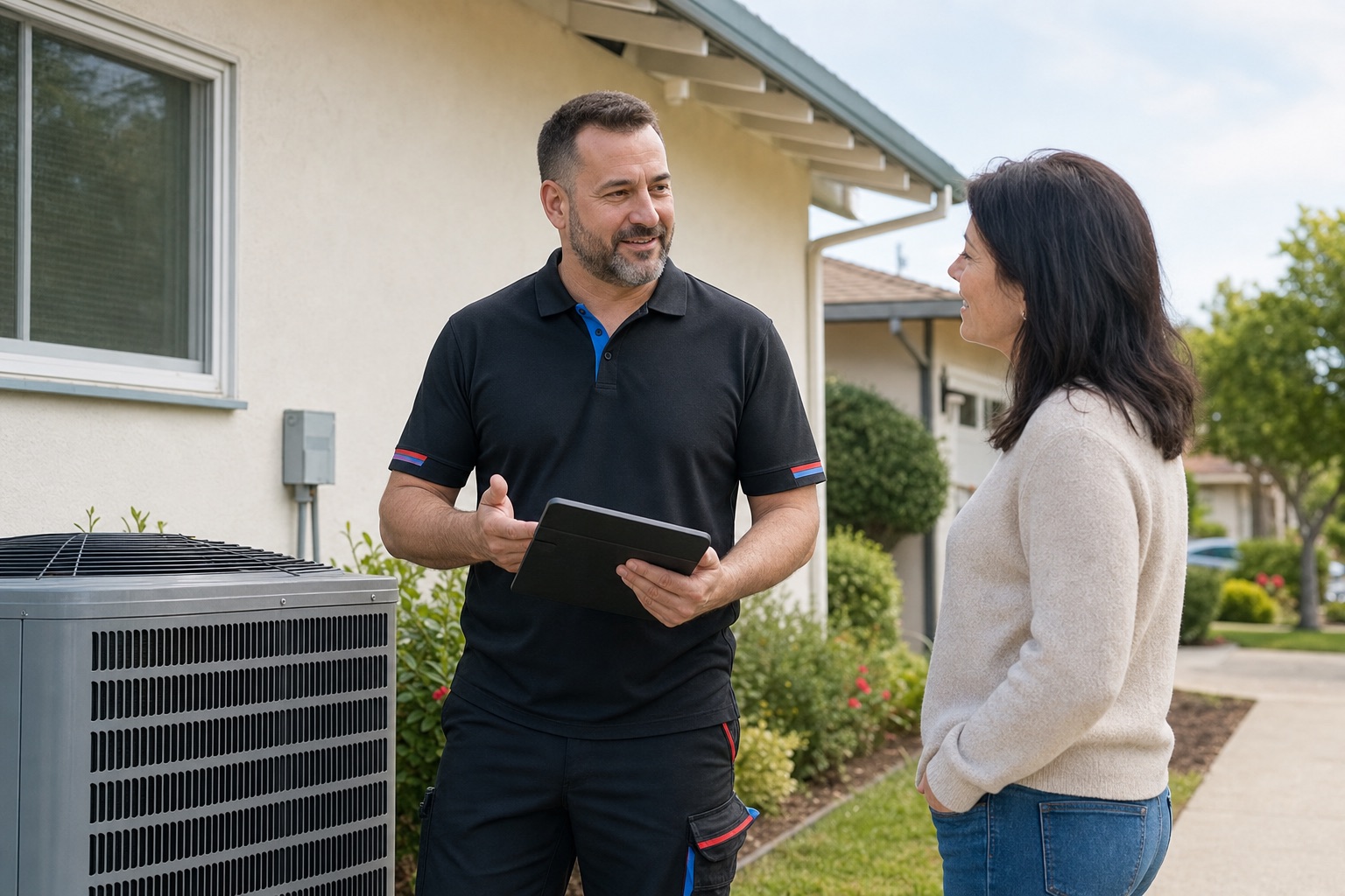 Dragan, owner of Infinium Air, walking a homeowner through an AC estimate in the East Bay